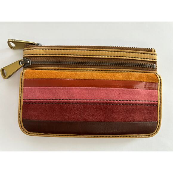 Fossil Leather Wallet Multi Color Stripe Card Organizer Zipper - Picture 1 of 4